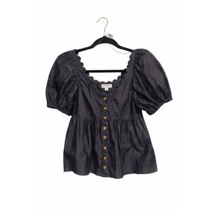 251 Denim Puff Sleeve Button-Front Peplum Top with Scalloped Neckline